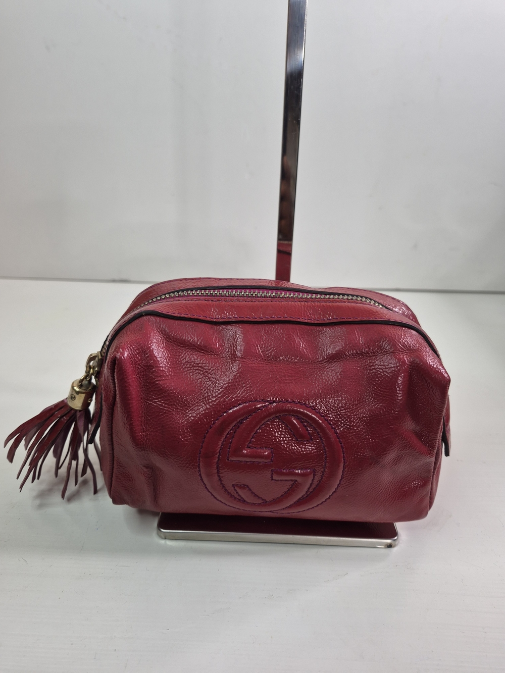 Gucci Burgundy Leather Cosmetic Pouch with Tassel Zip